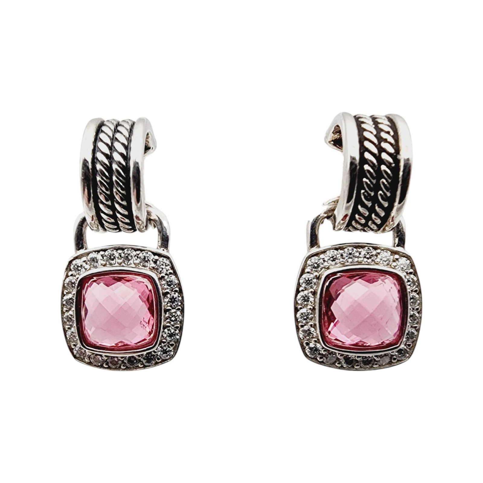 David Yurman Albion Sterling Pink Tourmaline Diamond C-Hoop Earrings: David Yurman Albion Sterling Pink Tourmaline Diamond C-Hoop Earrings 7.5g