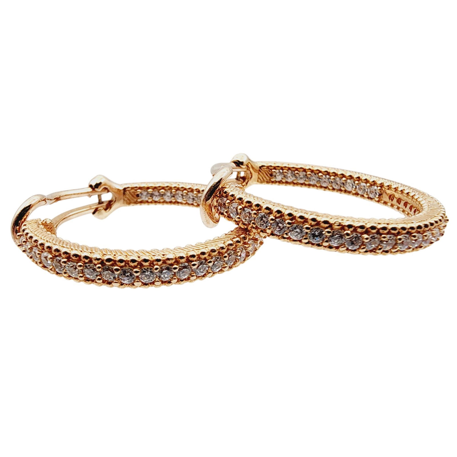 Judith Ripka Rose Gold over Sterling CZ Hoop Earrings: Judith Ripka Rose Gold over Sterling CZ Hoop Earrings 8.3g, as is - missing one CZ