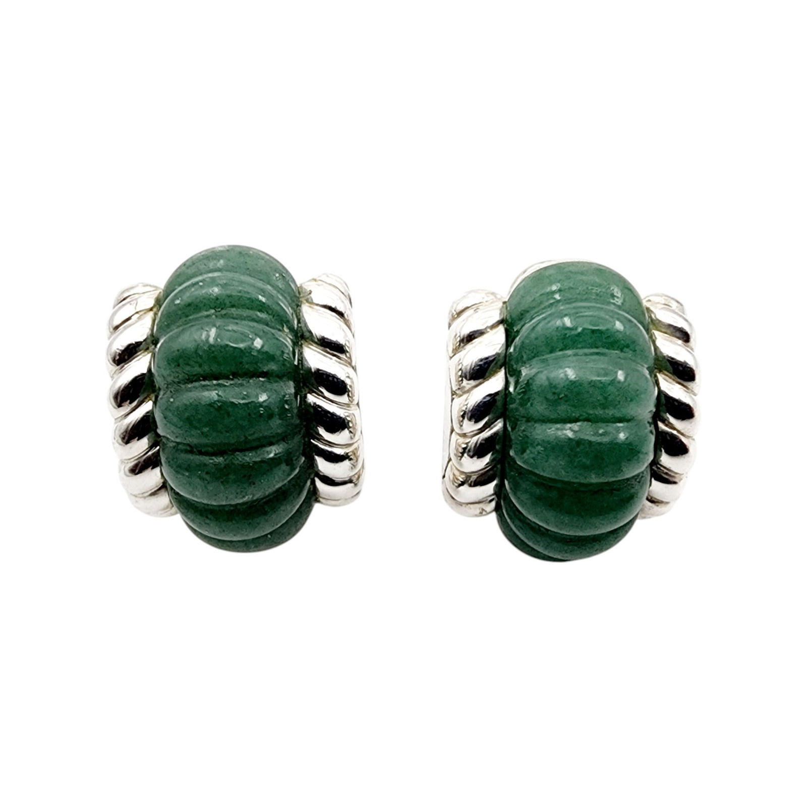 Judith Ripka Sterling Carved Jade Earrings: Judith Ripka Sterling Carved Jade Earrings 15.4g, as is - one earring is missing a post, could still be worn as a clip on.