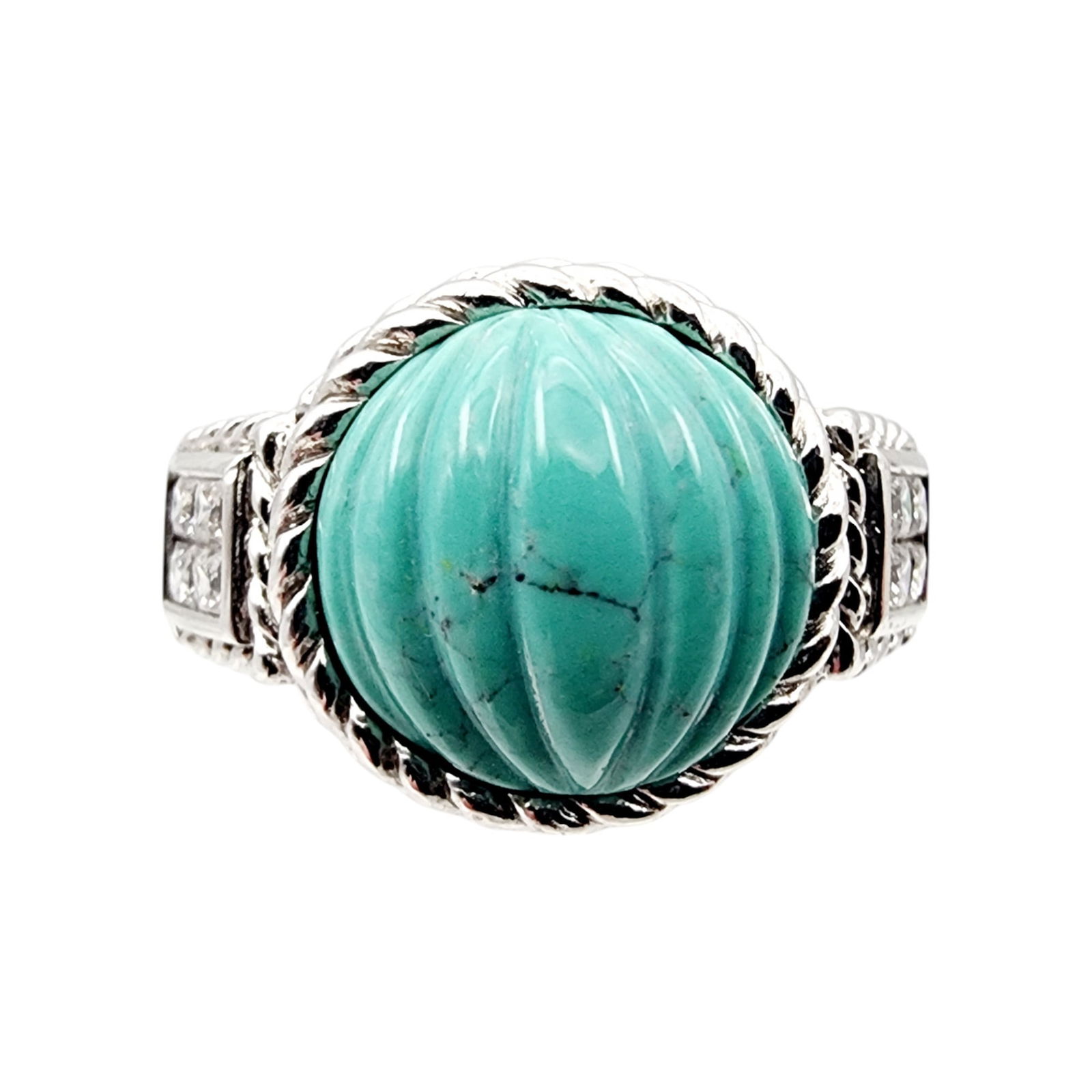 Judith Ripka Sterling Carved Turquoise CZ Ring Sz 8: Judith Ripka Sterling Carved Turquoise CZ Ring Sz 8 11.5g