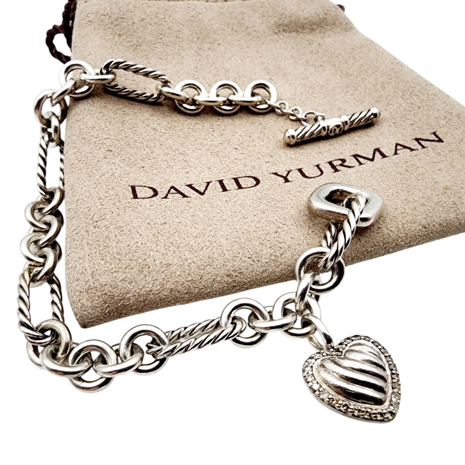 David Yurman Sterling Diamond Cable Heart Charm Bracelet (1 of 6)