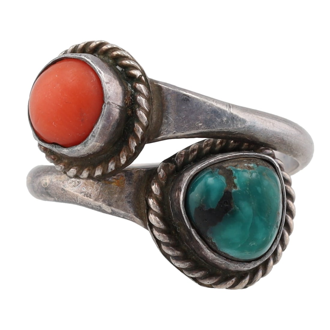 Vintage Navajo Sterling Coral Turquoise Wrap Ring Sz. 6 (1 of 5)