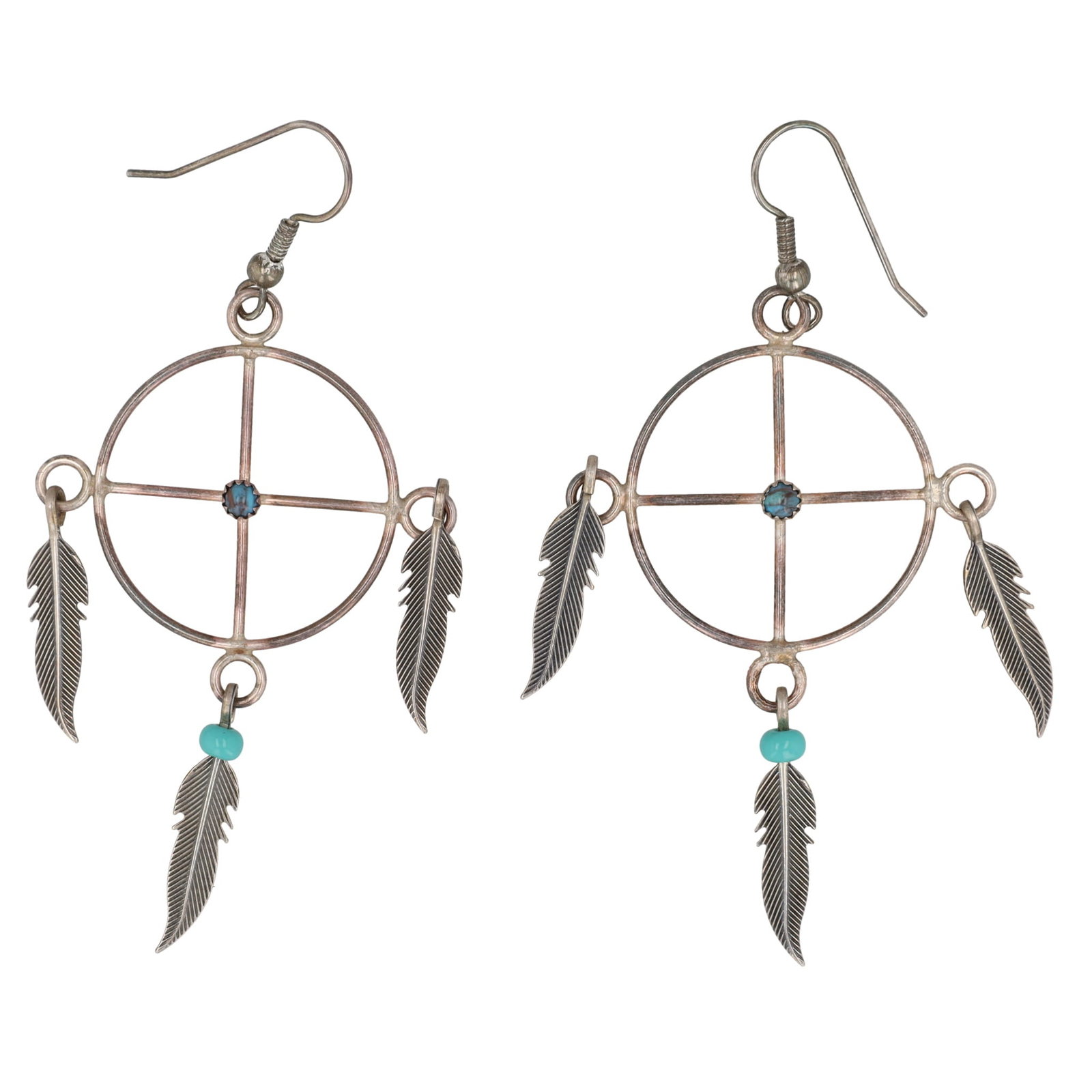 Navajo Sterling Turquoise Feather Earrings: Navajo Turquoise Sterling Feather Dangle Earrings 6.5g