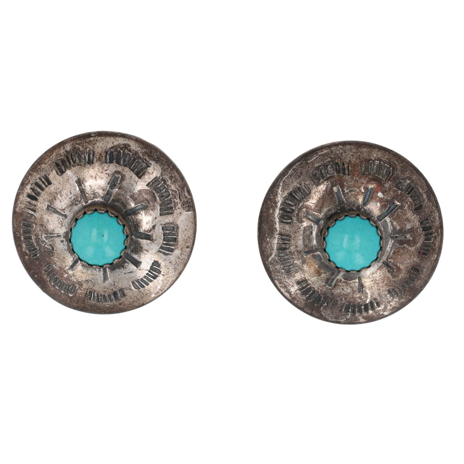 Vintage Navajo Sterling Turquoise Concho Earrings: Vintage Navajo Turquoise Sterling Concho Screwback Earrings 6g