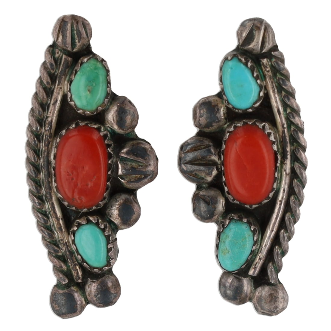 Vintage Navajo Sterling Coral Turquoise Stud Earrings (1 of 3)