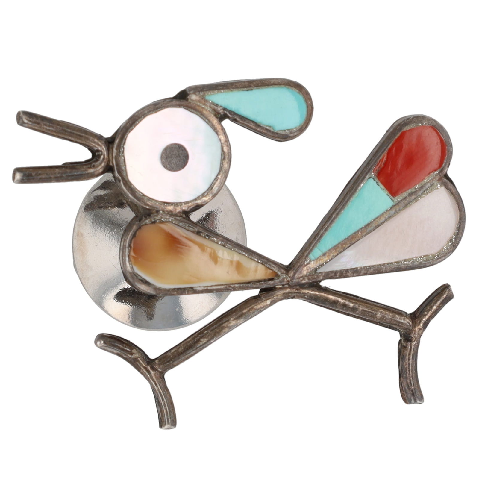 Vintage Zuni Sterling Multistone Roadrunner Inlay Pin (1 of 3)