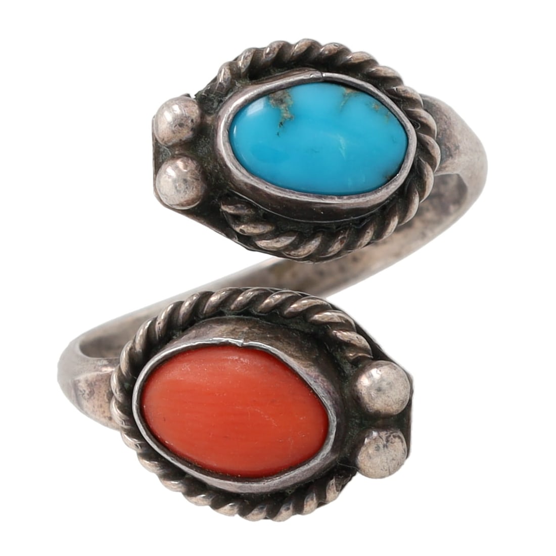 Vintage Navajo Sterling Coral Turquoise Wrap Ring Sz. 7 (1 of 6)