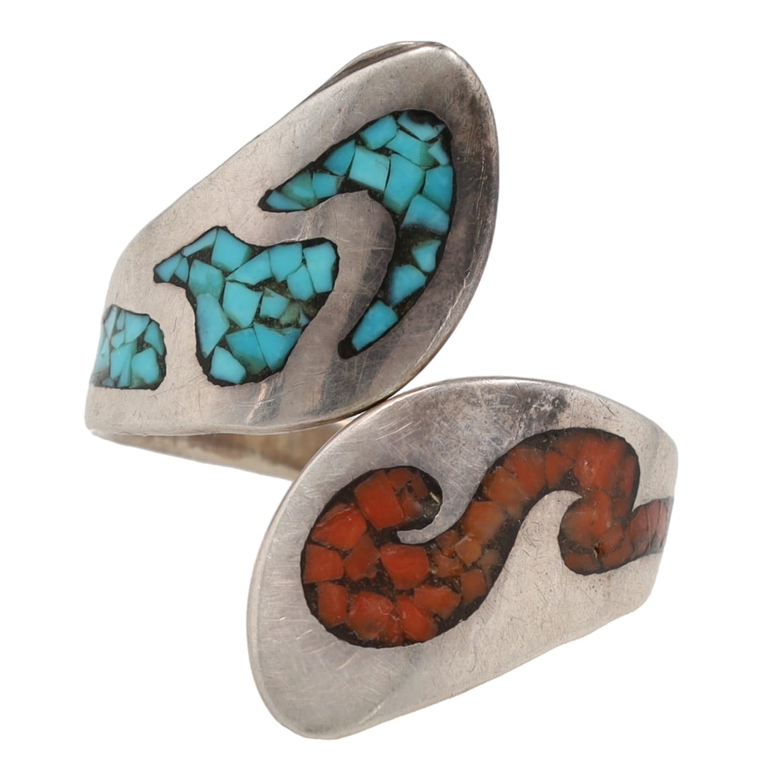 Vintage Navajo Sterling Crushed Turquoise Wrap Ring Sz. 9.25: Vintage Navajo Crushed Turquoise Coral Sterling Inlay Wrap Ring Sz. 9.25, 6g
