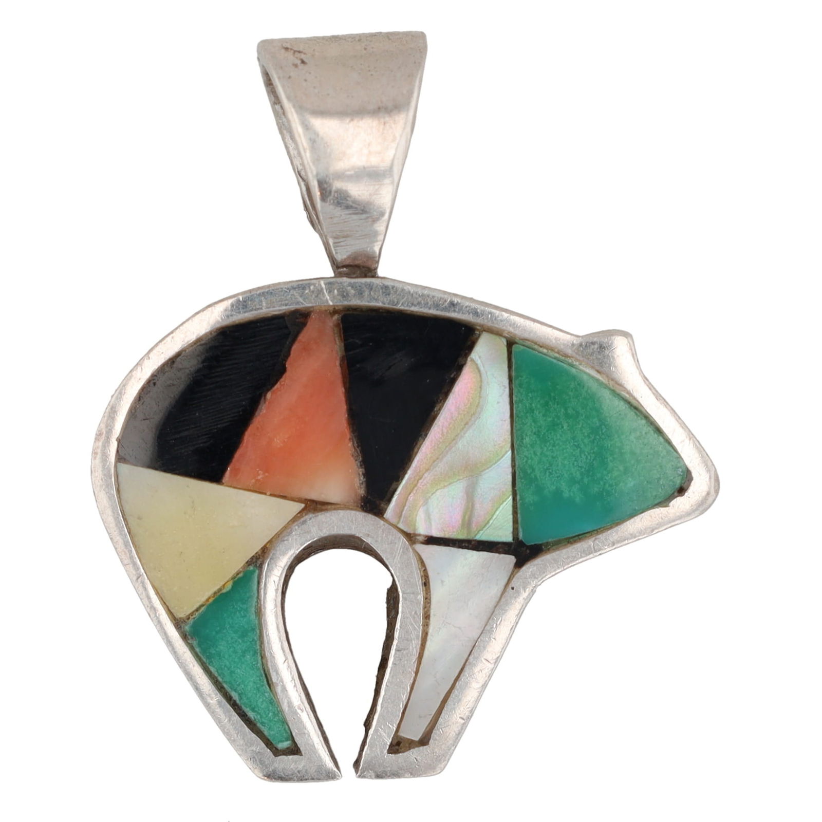 Signed AZ Sterling Multistone Inlay Bear Pendant (1 of 4)