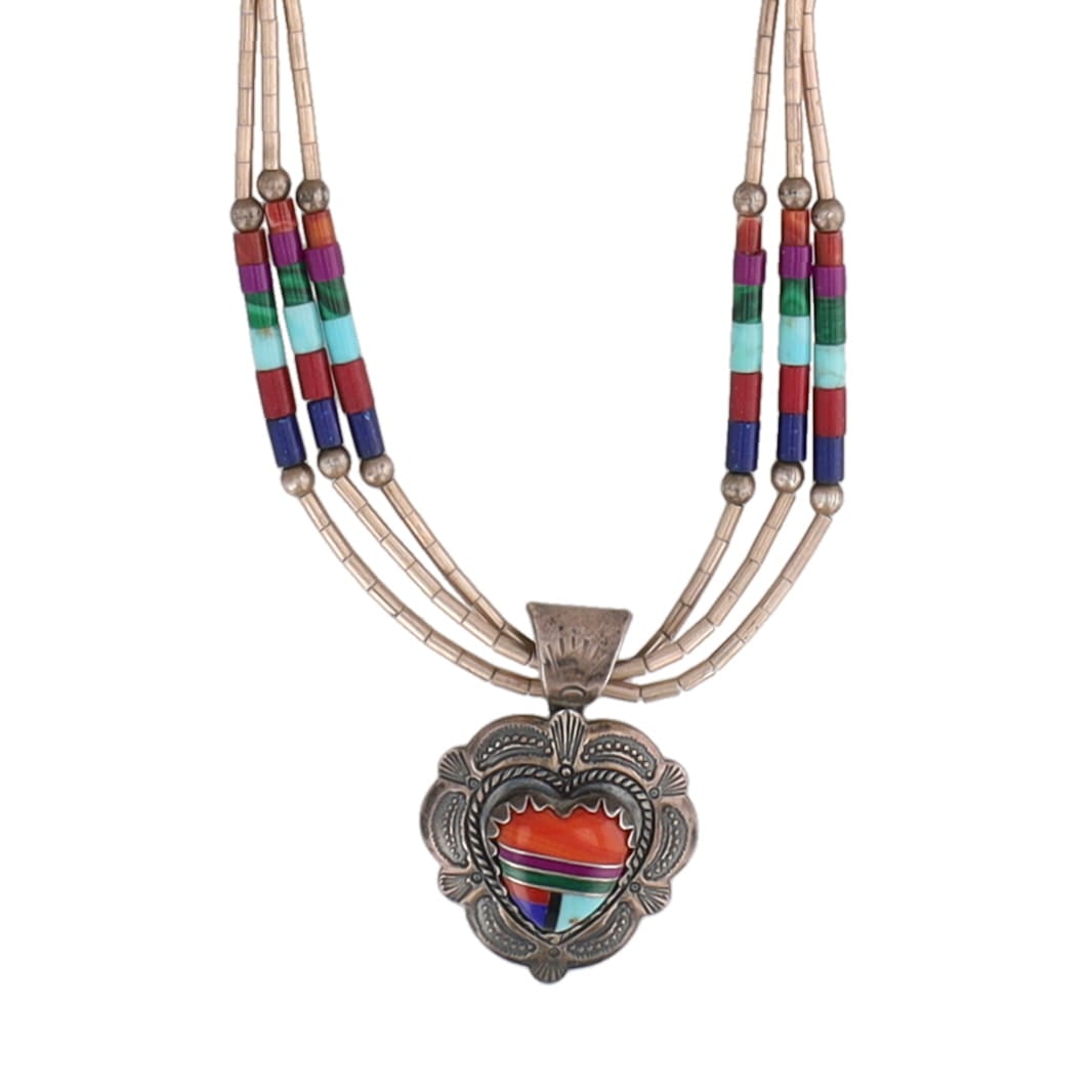 Quoc Trading Liquid Sterling Silver Inlay Heart Necklace: Quoc Trading Liquid Sterling Silver Heart Necklace 10.5g-Spiny Oyster, Lapis, Coral, Malachite, Turquoise, Charoite