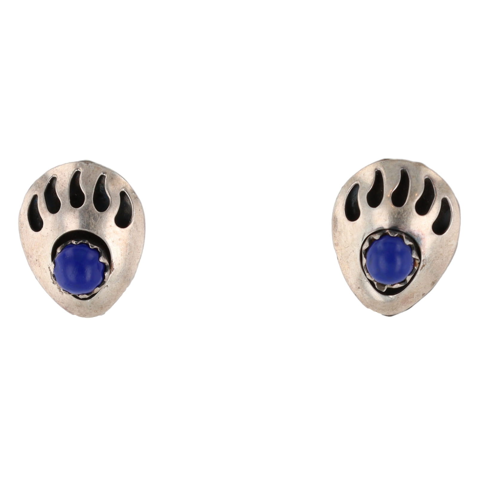 Vintage Navajo Sterling Lapis Bear Paw Shadow Box Earrings (1 of 3)