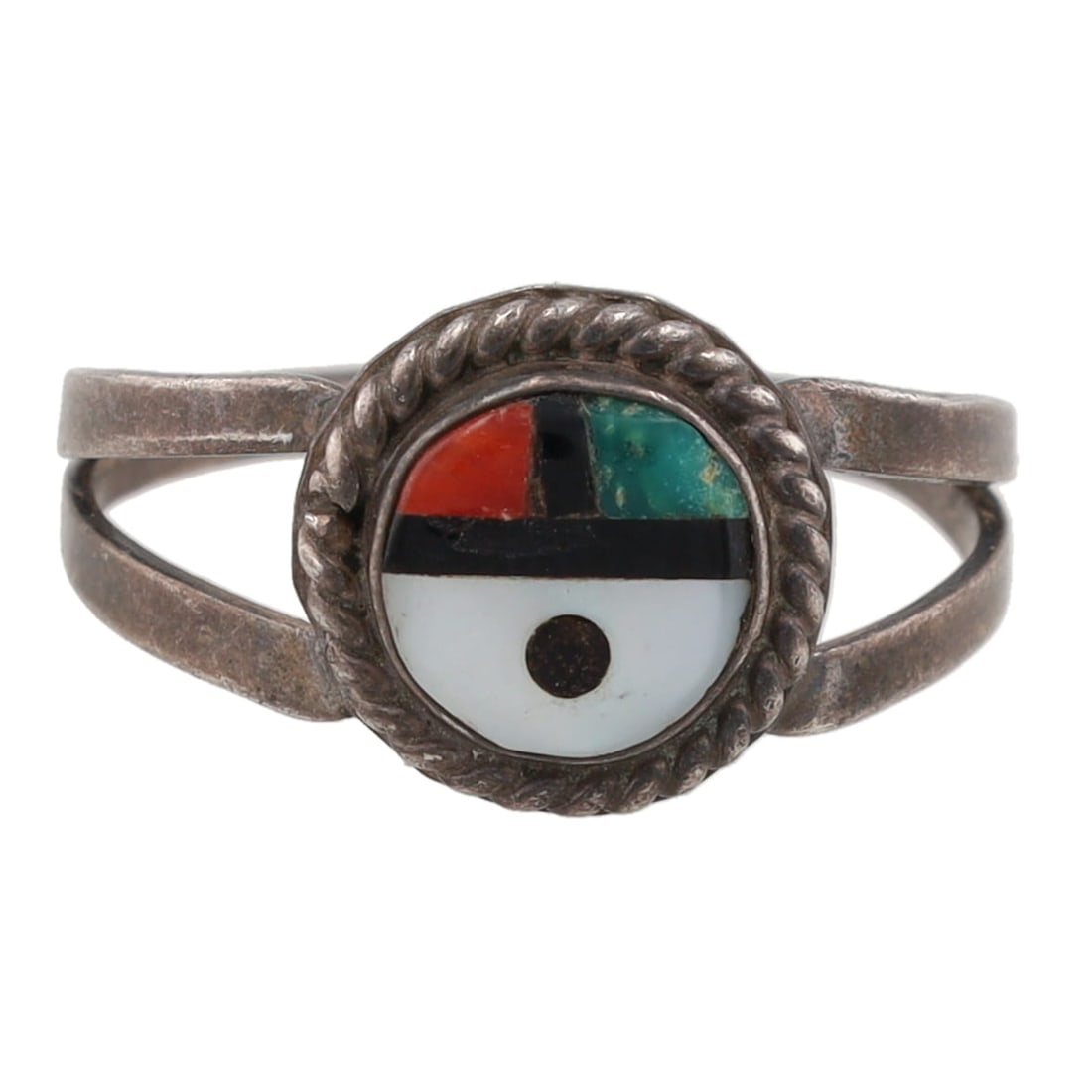 Emery Ohmsatte Zuni Sterling Inlay Sunface Ring Sz. 5.75: Emery Ohmsatte Zuni Sunface Inlay Ring Sz. 5.25, 2g-Mother of Pearl, Turquoise, Onyx. Coral, Sterling