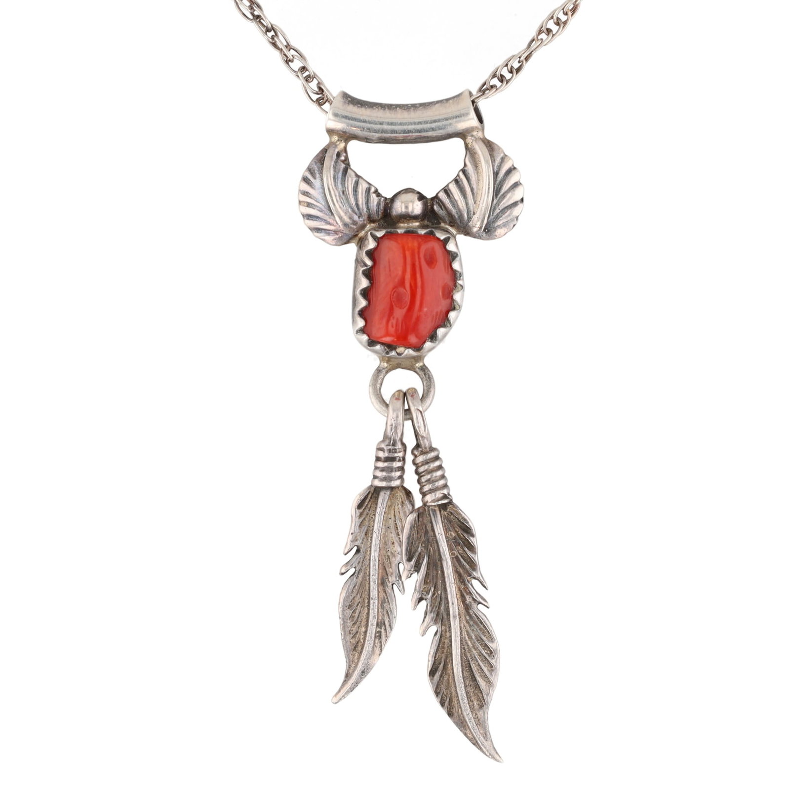 Navajo Sterling Coral Feather Dangle Necklace: Navajo Coral Sterling Feather Dangle Necklace 3.5g
