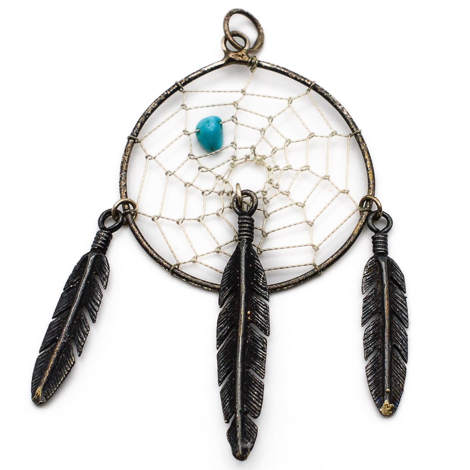 Native American Sterling Turquoise Dreamcatcher Dangle Pendant: Native American Turquoise Sterling Dreamcatcher Feather Dangle Pendant 5g