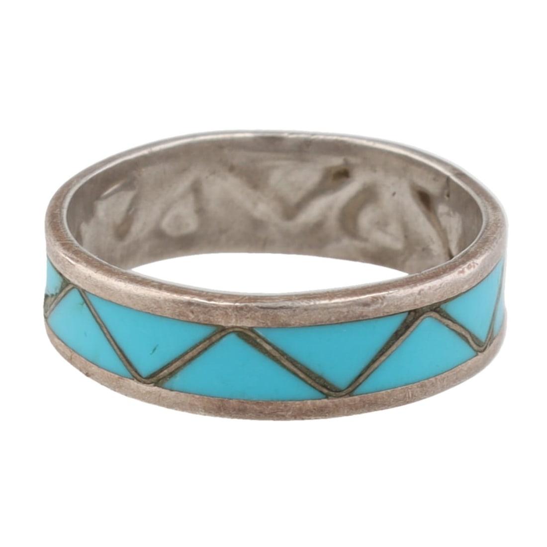 Signed R Zuni Sterling Turquoise Inlay Ring Sz. 6.75 (1 of 7)