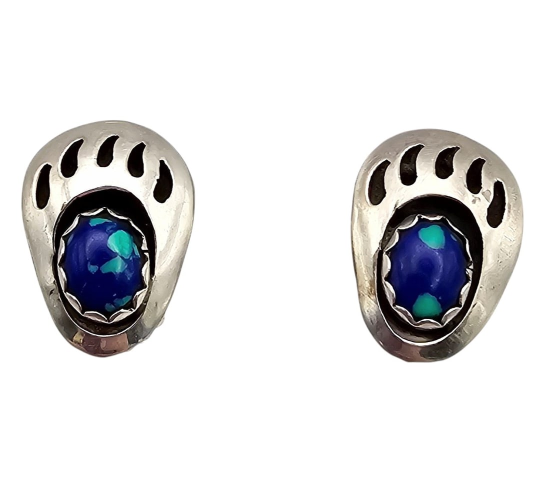 Steve Francisco Navajo Azurite Sterling Silver Bear Paw Earrings 3.4 G (1 of 4)