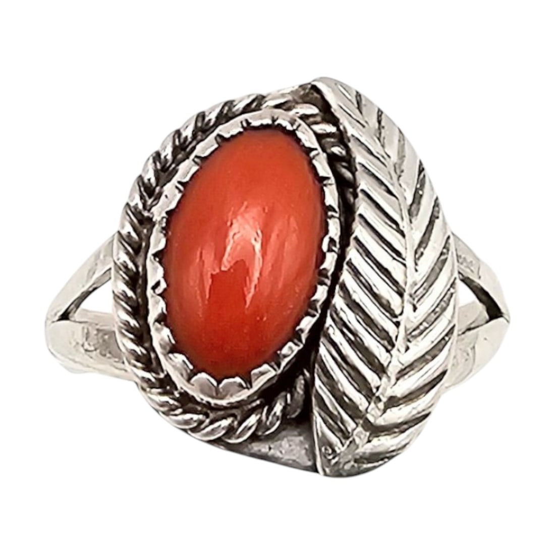 Navajo Coral Sterling Silver Leaf Ring Size 6.75 3.2 G (1 of 4)