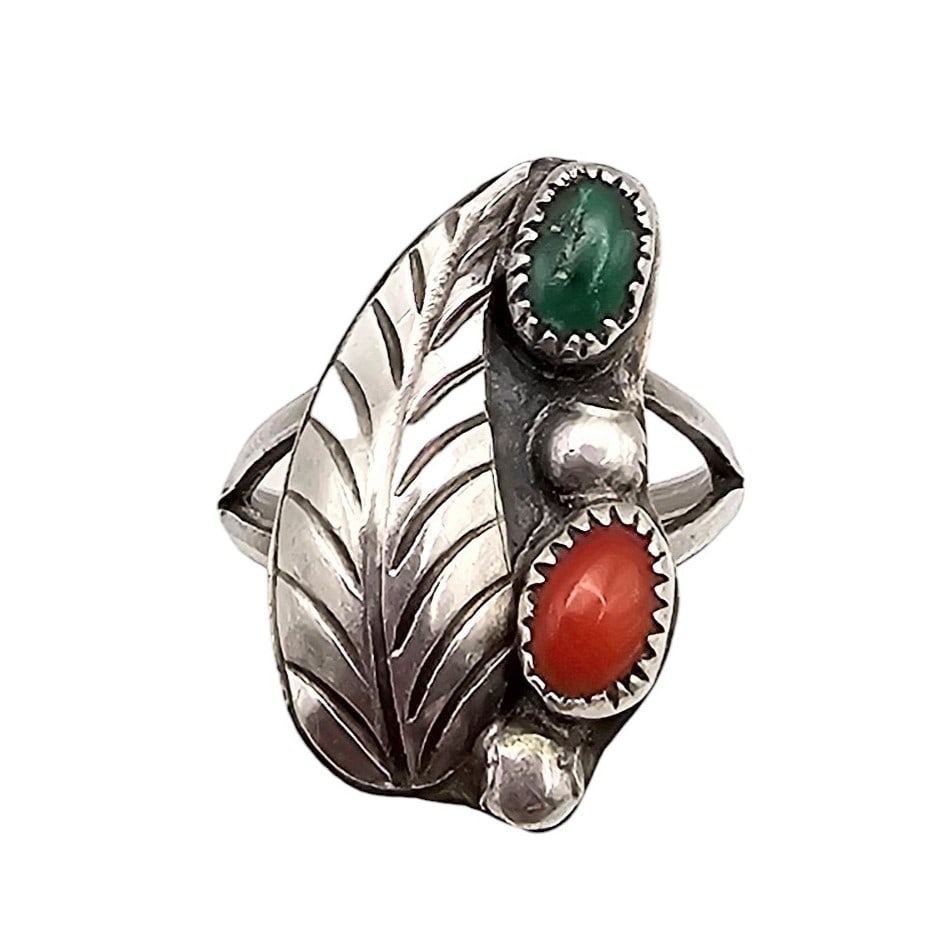 Navajo Coral Turquoise Sterling Silver Leaf Ring Size 5.75 3.5 G: Navajo Coral Turquoise Sterling Silver Leaf Design Ring Size 5.75 3.5 G