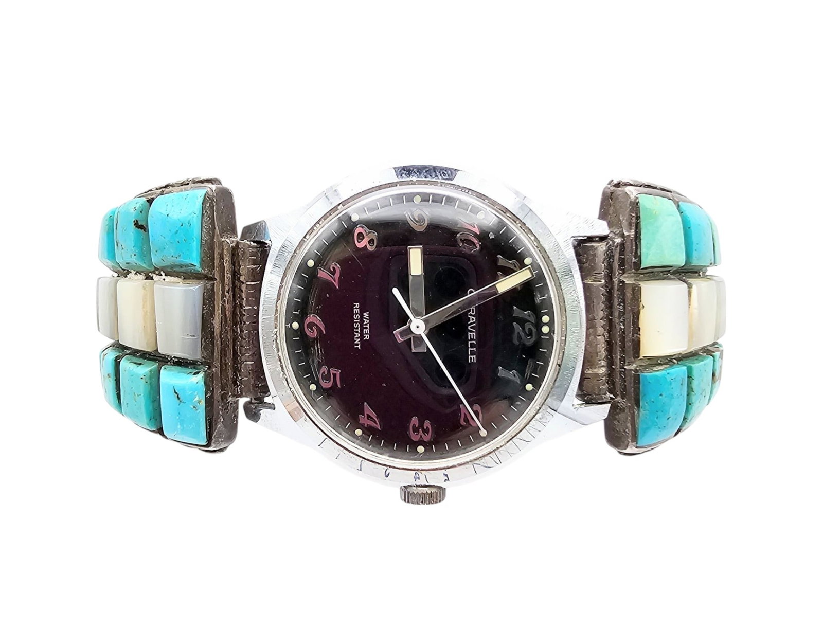 Native Turquoise Mother Of Pearl Sterling Silver Watch Band Watch 90 G: Native Turquoise Mother Of Pearl Sterling Silver Watch Band watch 90 G watch as is