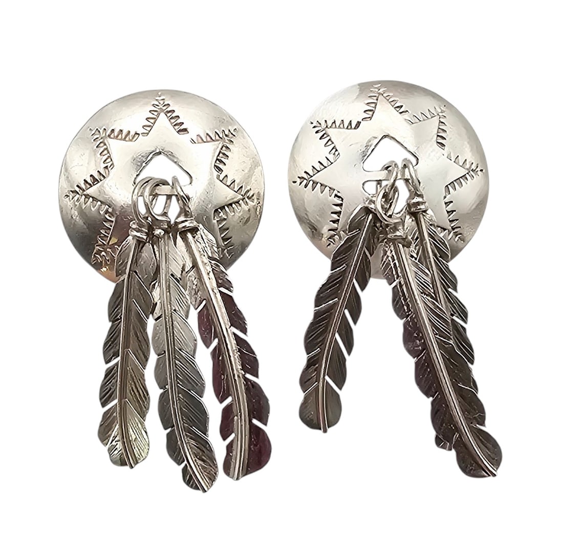 Navajo Sterling Silver Concho Style Feather Drop Dangle Earrings 12.7 G (1 of 4)