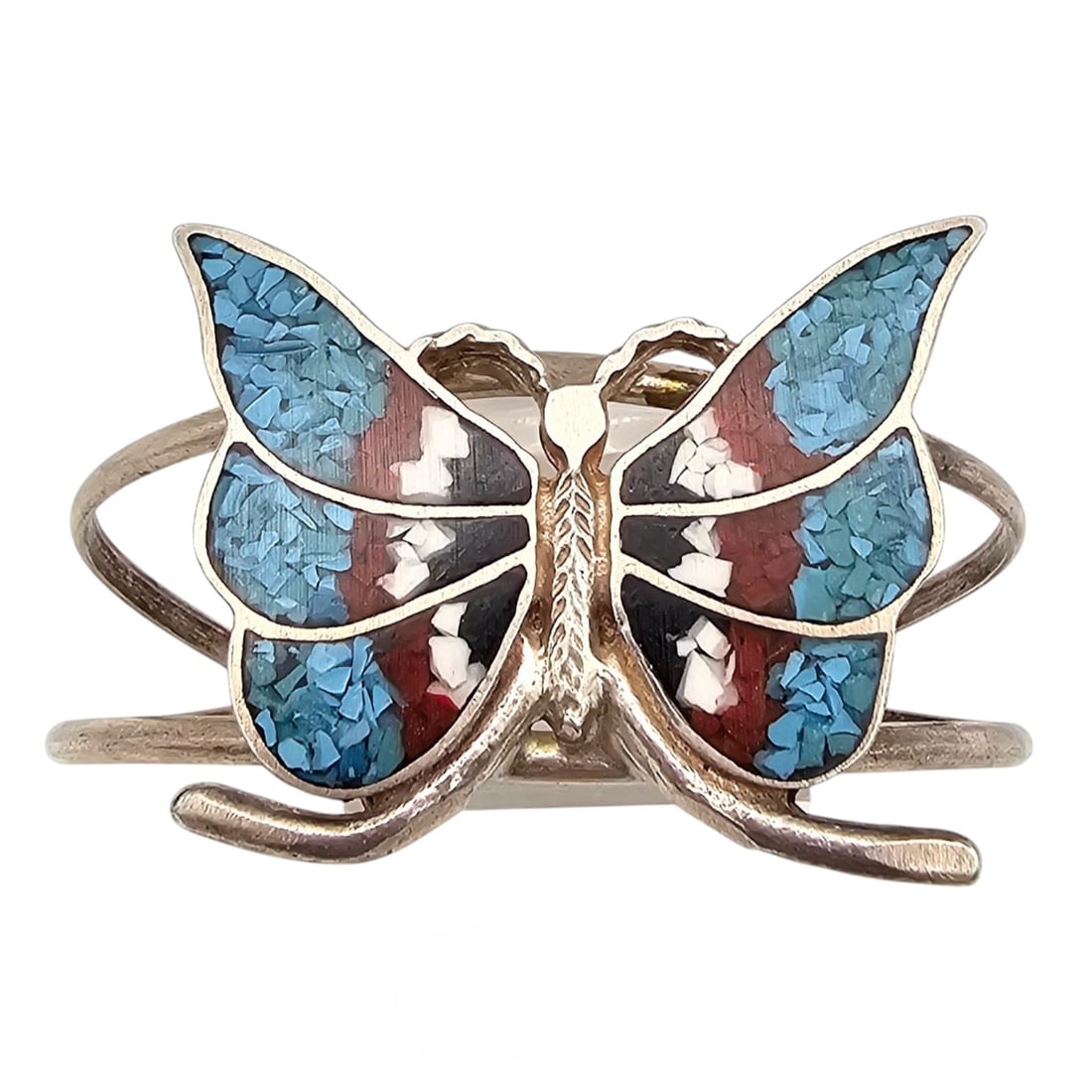 Native Crushed Turquoise Coral Sterling Silver Butterfly Cuff Bracelet 22.6 G (1 of 4)
