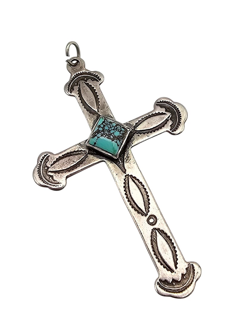 Navajo Turquoise Sterling Silver Cross Pendant 3.5 G (1 of 4)