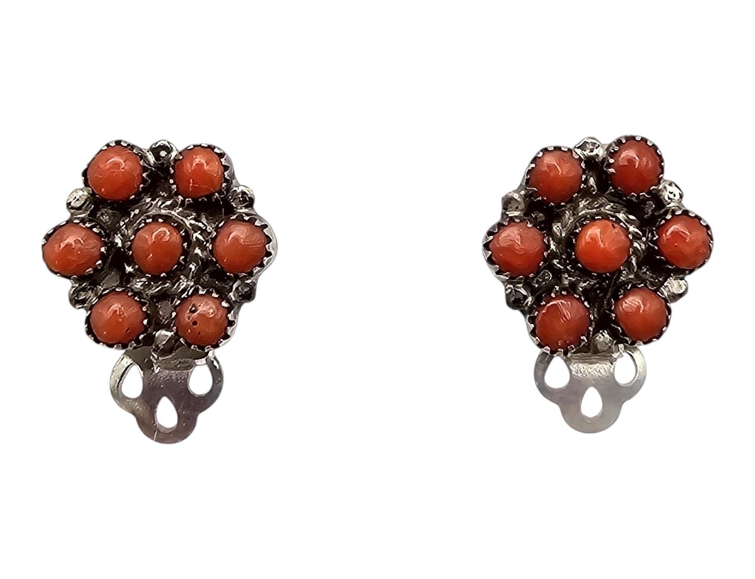 Navajo Sterling Coral Cluster Earrings 3.4 G: Navajo Sterling Coral Cluster Earrings 3.4 G