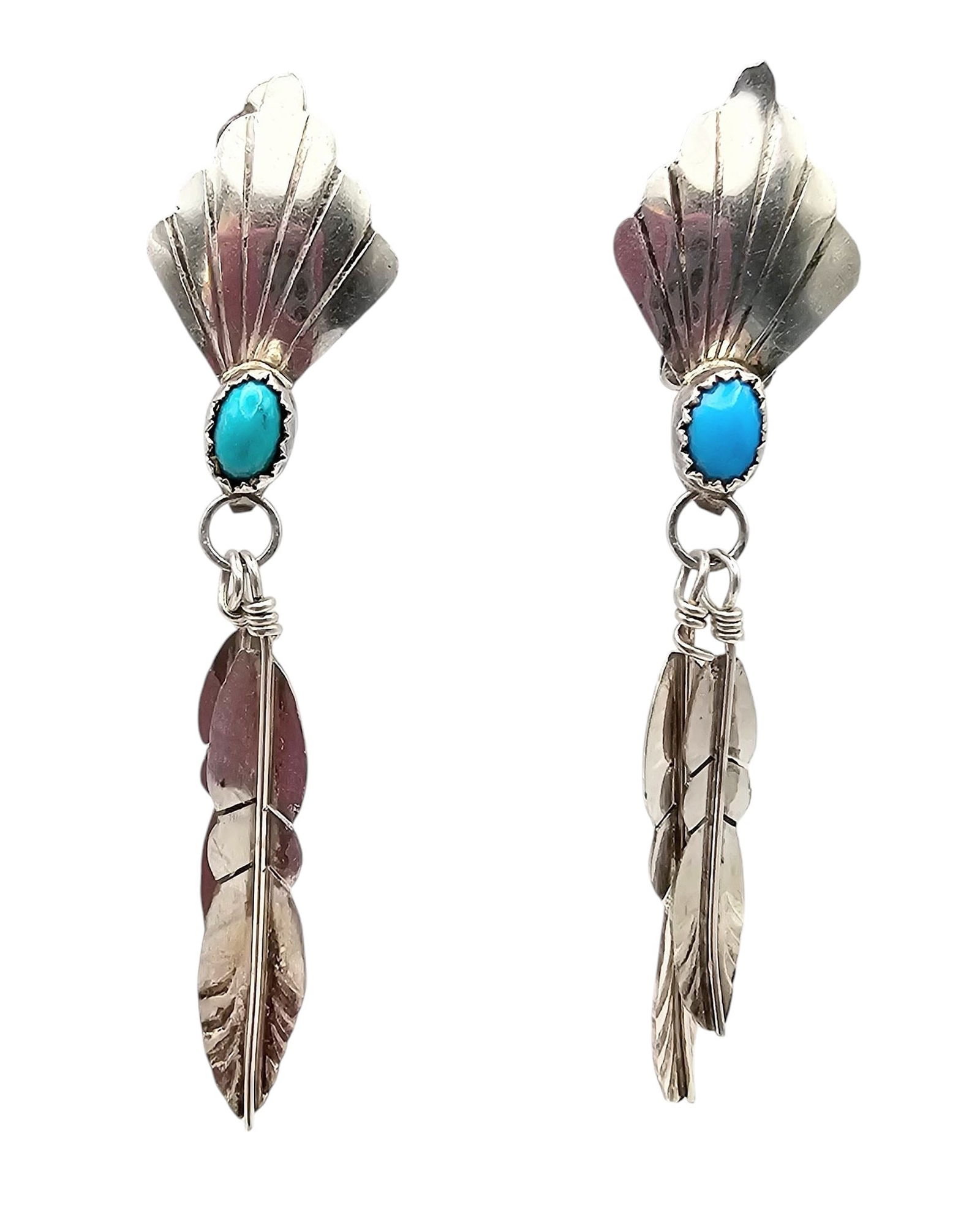 Navajo Turquoise Sterling Silver Feather Drop Dangle Earrings 5.9 G (1 of 4)