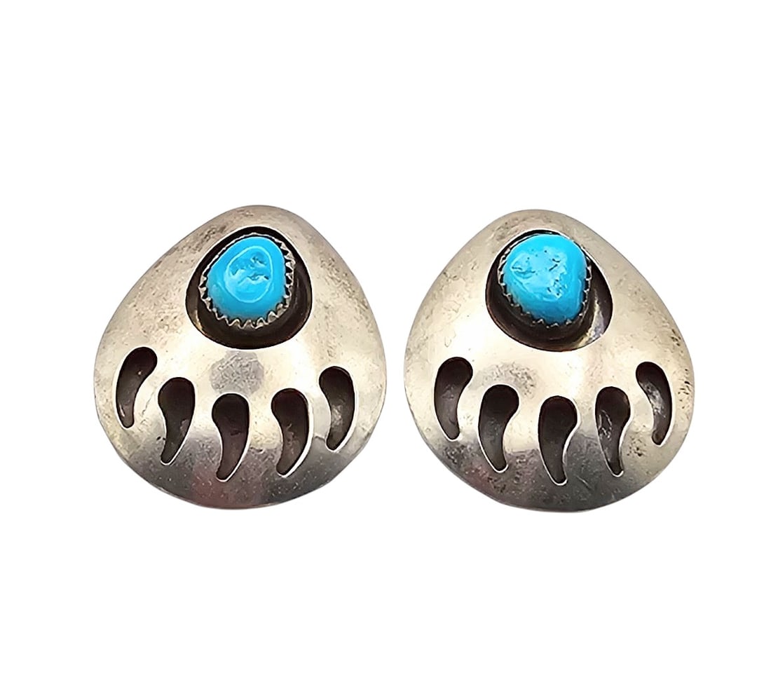 Navajo Turquoise Sterling Silver Bear Paw Shadow Box Earrings 6.9 G (1 of 4)