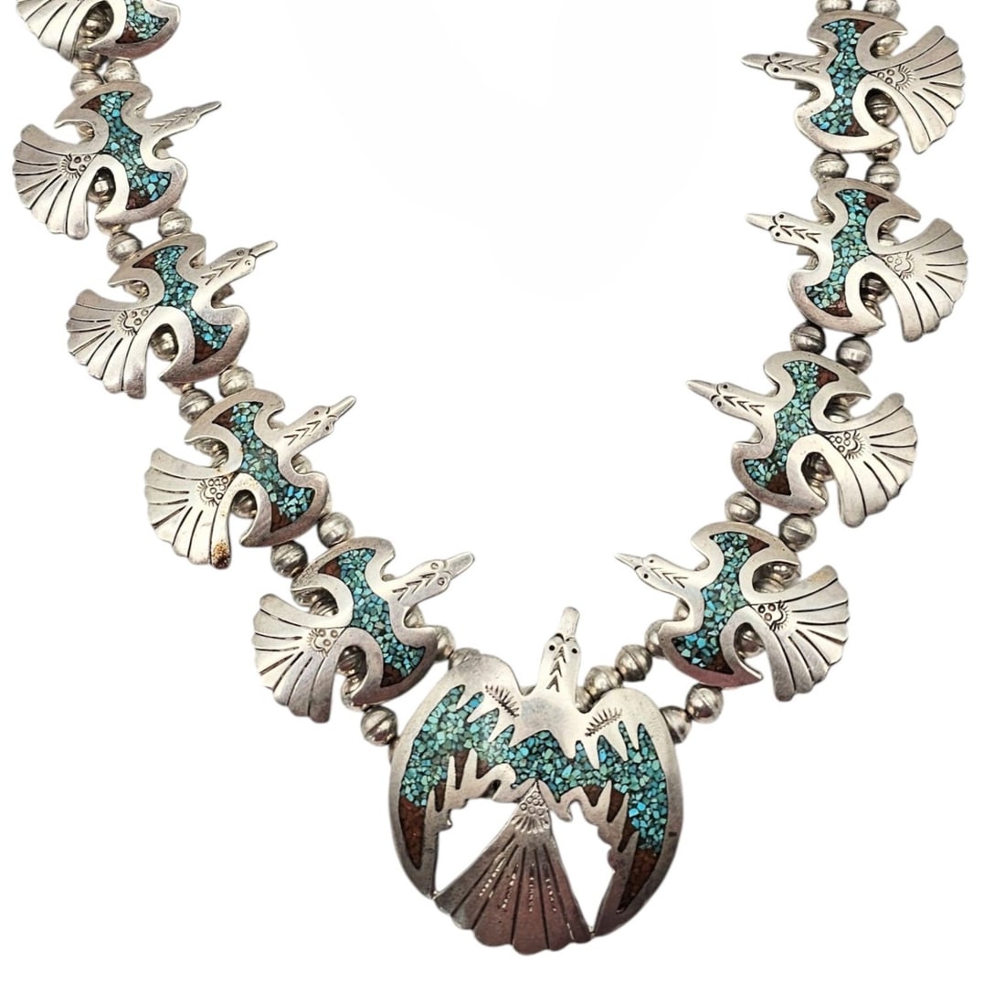 Hyson Craig Navajo Crushed Turquoise Coral Sterling Silver Thunderbird Squash Blossom Necklace (1 of 6)