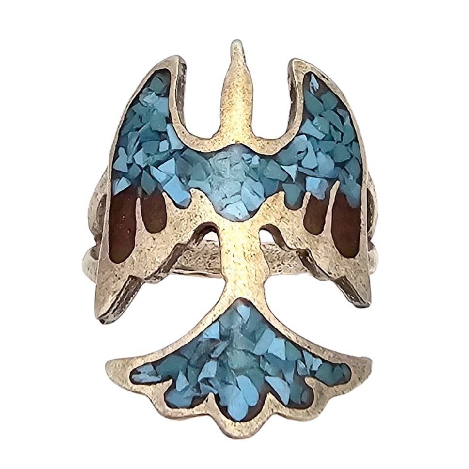 Native Crushed Turquoise Coral Sterling Silver Thunderbird Ring Size 6.25 4.4 G (1 of 4)