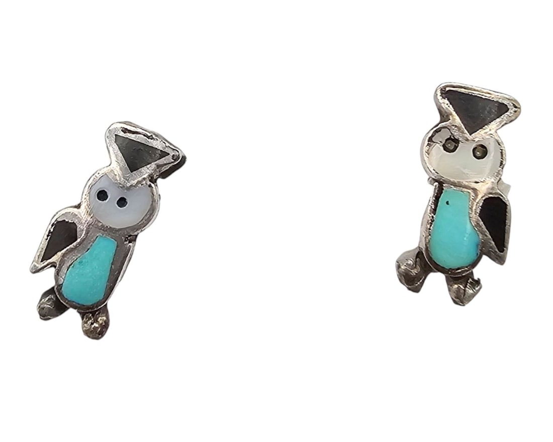 Zuni Mother Of Pearl Turquoise Onyx Sterling Silver Owl Earrings 2.4 G (1 of 4)