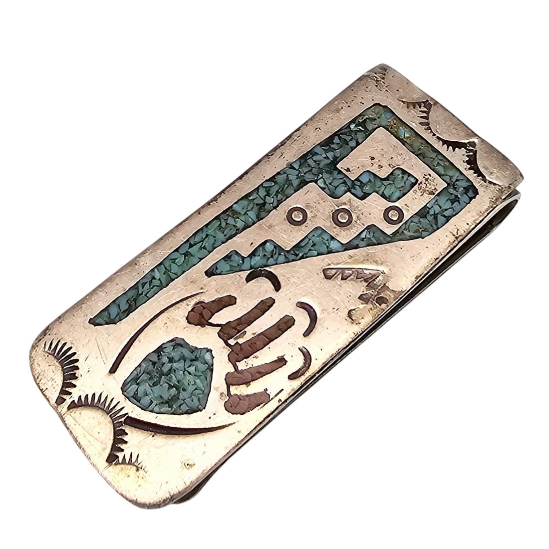 Navajo Crushed Turquoise Coral Sterling Silver Money Clip 15 G: Native Crushed Turquoise Coral Sterling Silver money clip 15 g