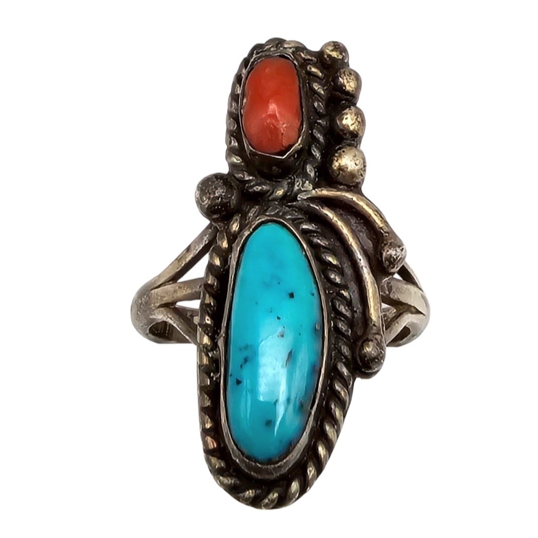 Navajo Turquoise Coral Sterling Silver Ring Size 6.5 6.3 G (1 of 4)