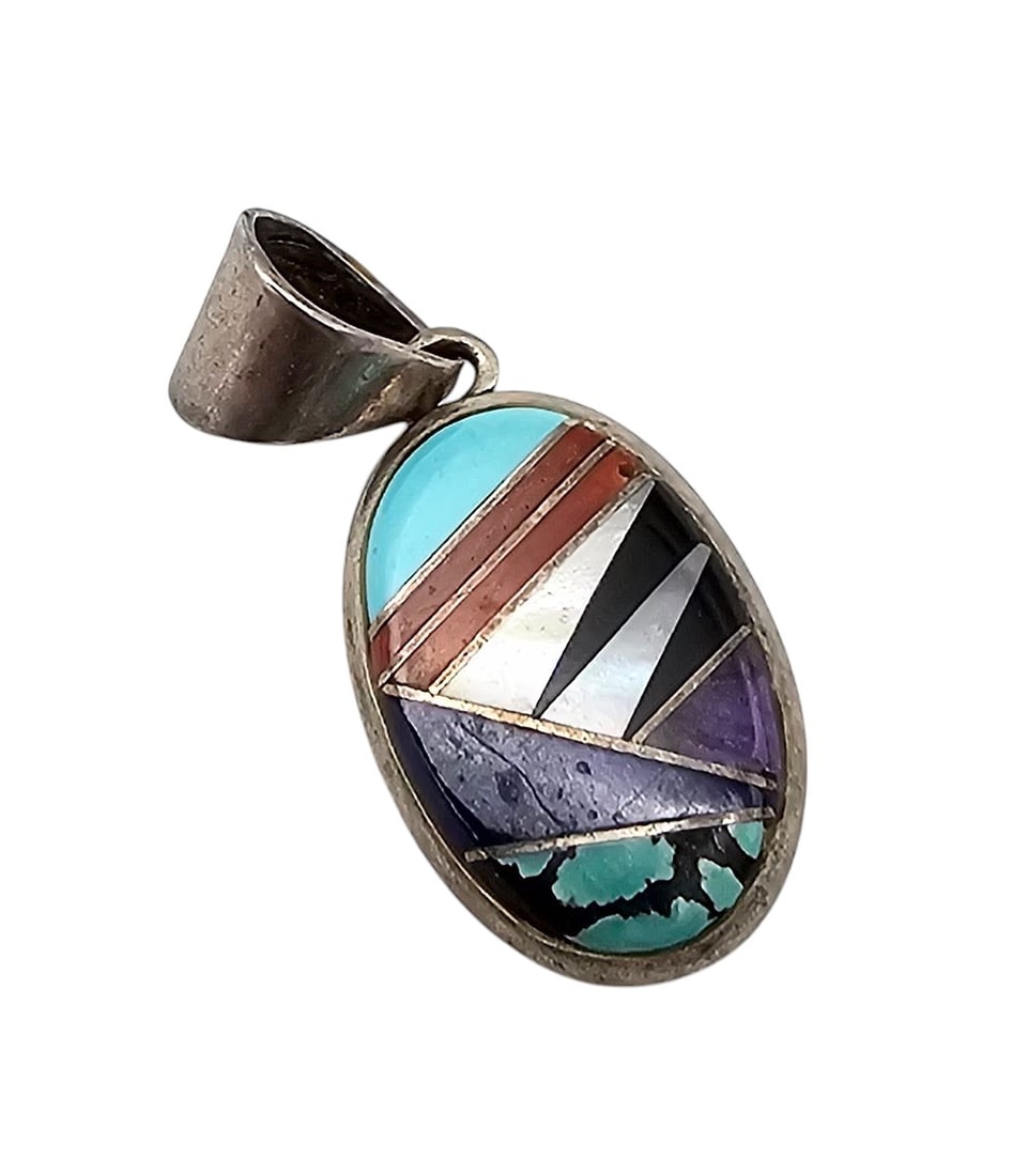 BG Mudd Multi Stone Sterling Silver Inlay Pendant 4.3 G (1 of 4)