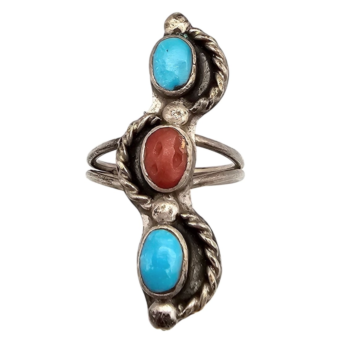 Navajo Turquoise Coral Sterling Silver Ring Size 7.5 5 G (1 of 4)