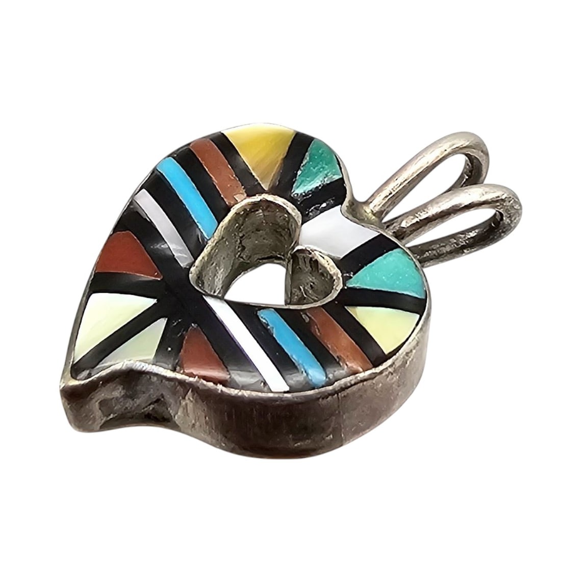 Morris Laahte Zuni Mother Of Pearl Onyx Coral Turquoise Sterling Silver Heart Pendant 1.7 G (1 of 4)