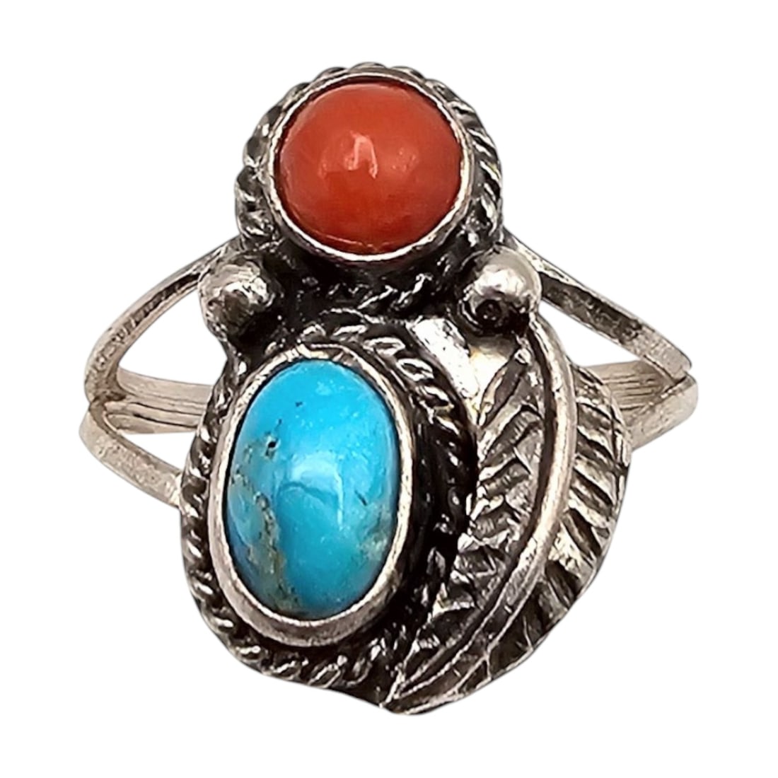 Navajo Turquoise Coral Sterling Silver Ring Size 5.25 3 G (1 of 4)