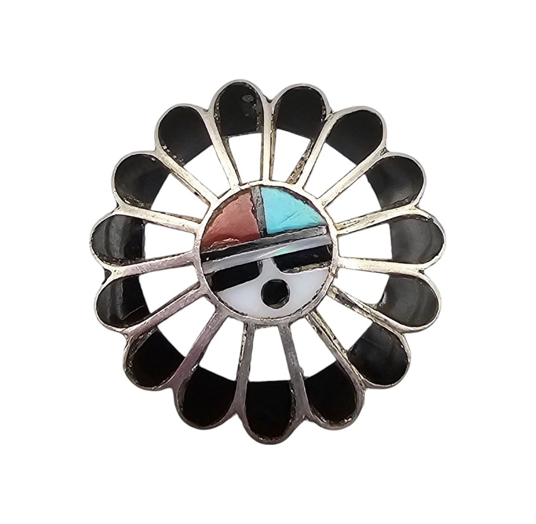 Zuni RAL Turquoise Coral Onyx Mother Of Pearl Sterling Silver Sun Face Brooch 4.3 G (1 of 4)