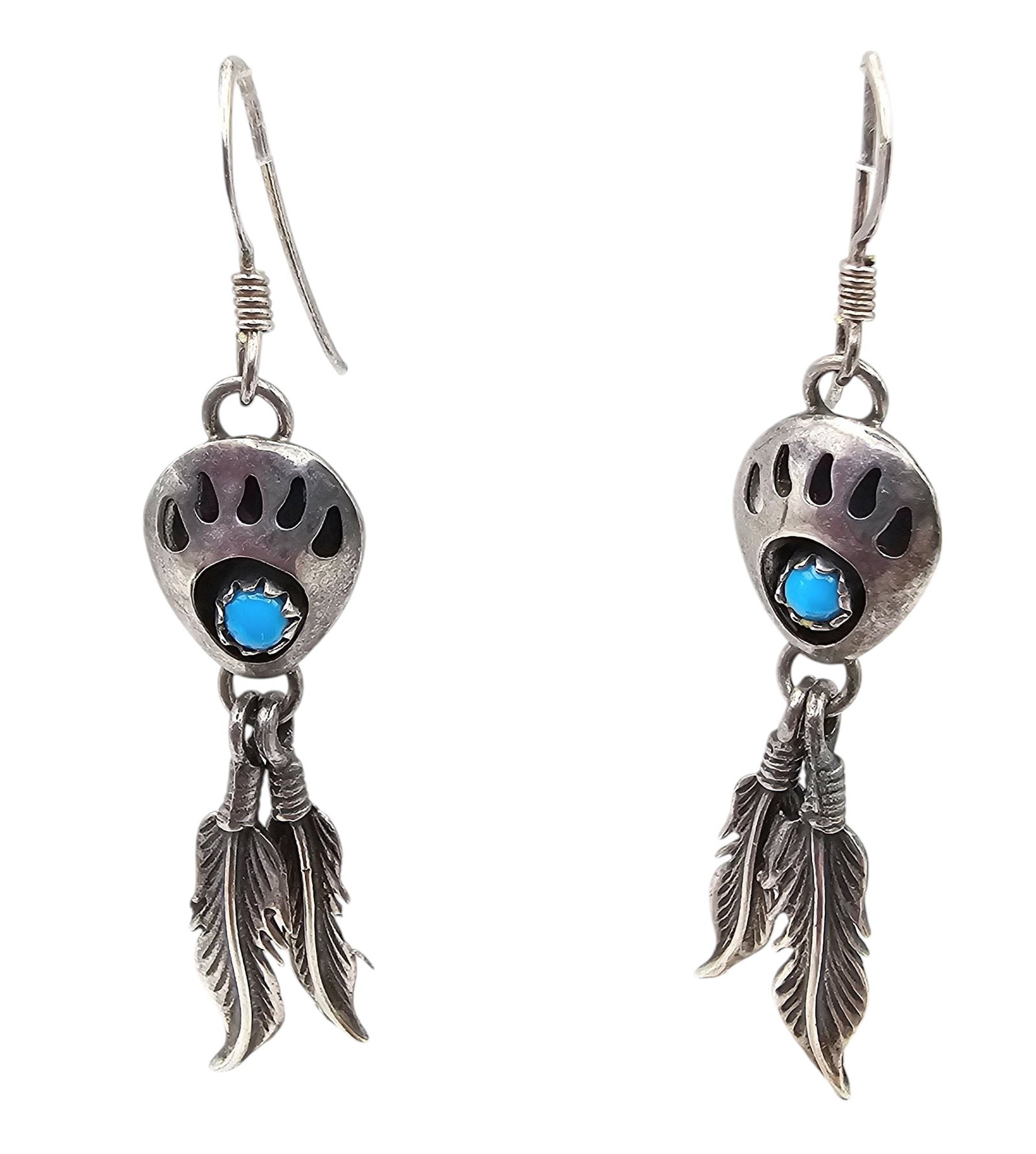 Richard Begay Navajo Turquoise Sterling Silver Feather Drop Dangle Bear Paw Earrings 3.8 G (1 of 4)