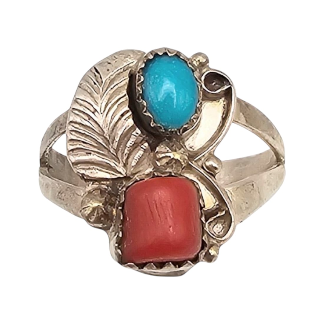 Native Turquoise Coral Sterling Silver Ring Size 7.25 3.1 G (1 of 4)