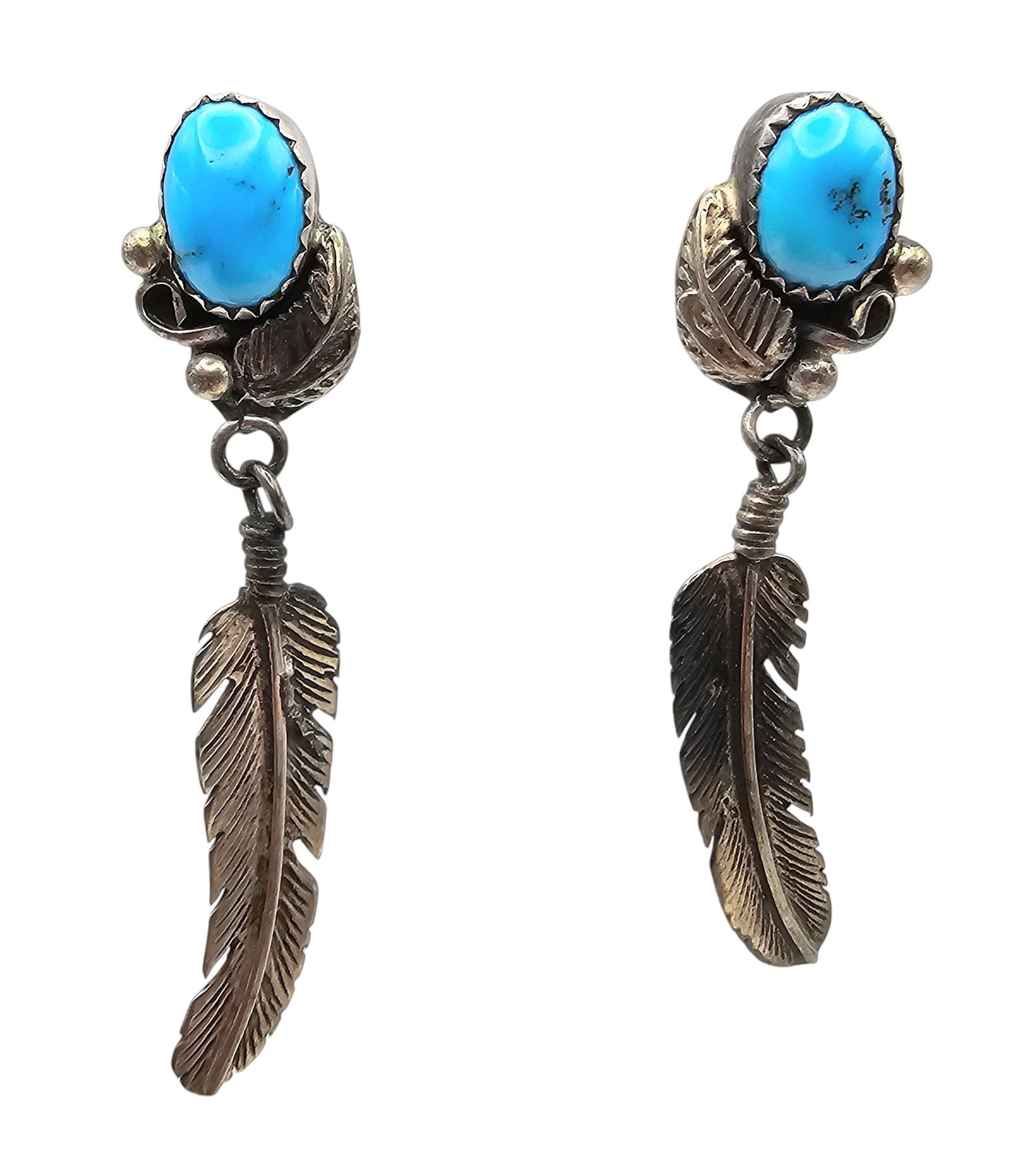 Navajo Turquoise Sterling Silver Feather Drop Dangle Earrings 5.3 G (1 of 4)