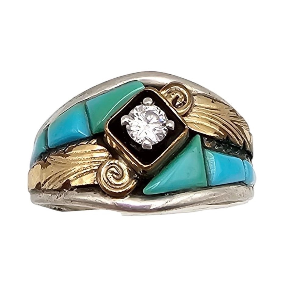 Silver Ray Turquoise Clear Stone Sterling Silver Two-Tone Ring Size 10.75 6.1 G (1 of 4)