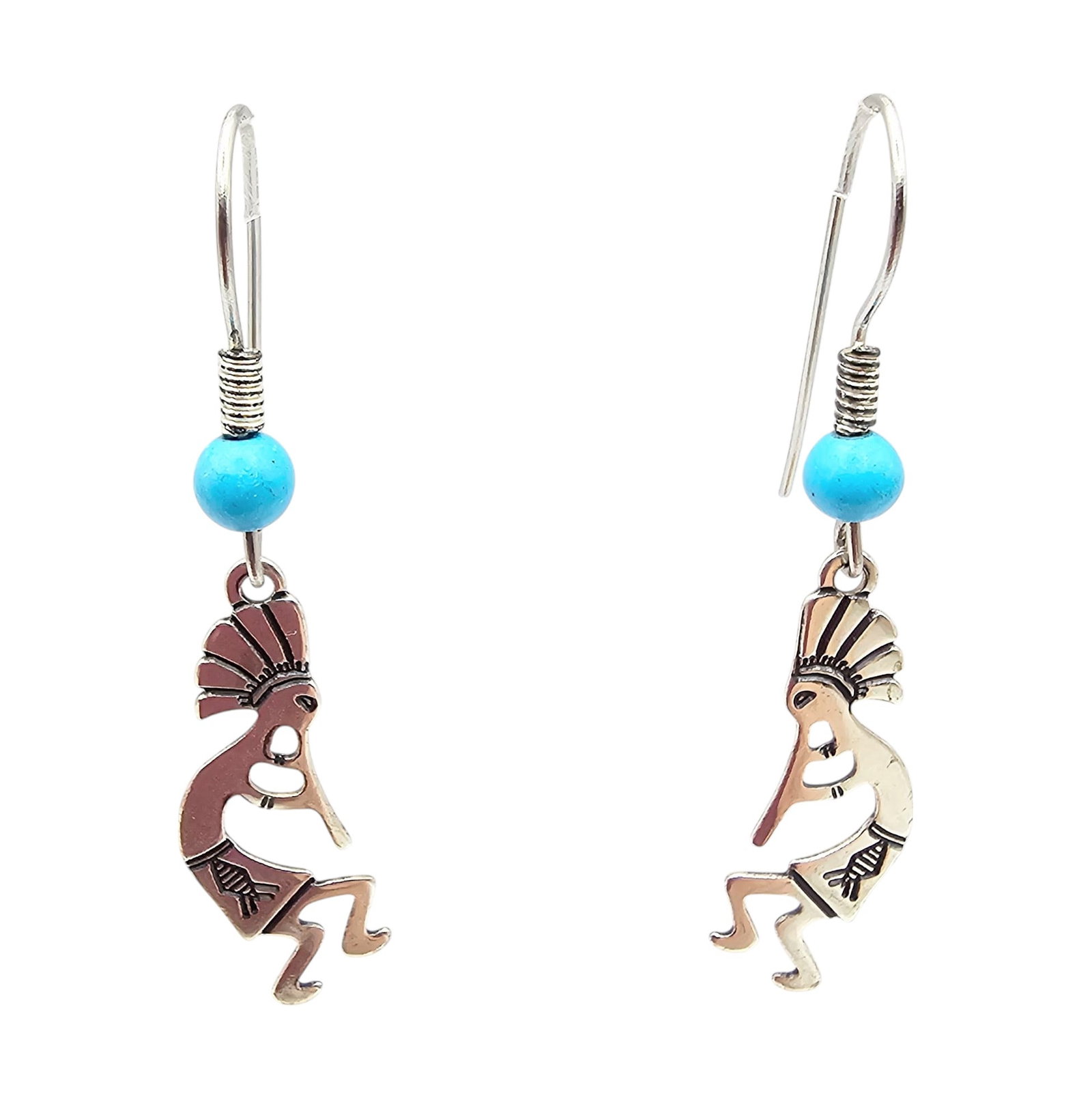 Wheeler Manufacturing Co Turquoise Sterling Silver Kokopelli Dancer Drop Dangle Earrings 1.3 G (1 of 4)