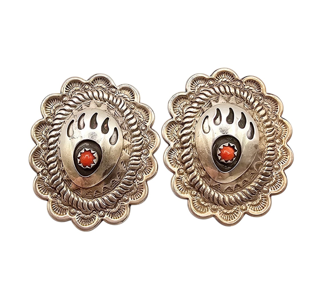 Native Coral Sterling Silver Concho Style Bear Paw Earrings 6.3 G (1 of 4)