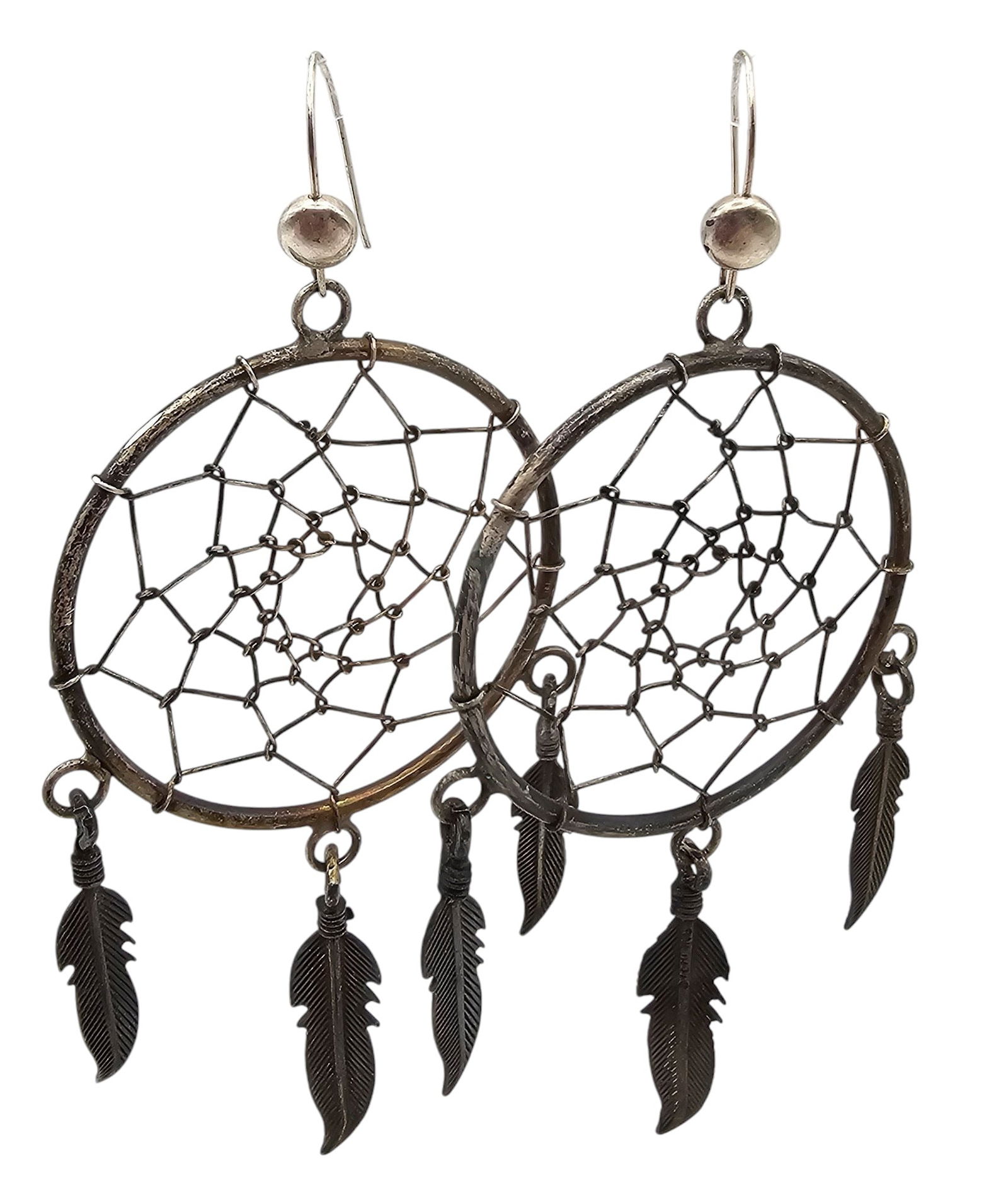 Native Sterling Silver Dream Catcher Feather Drop Dangle Earrings 10.5 G (1 of 3)