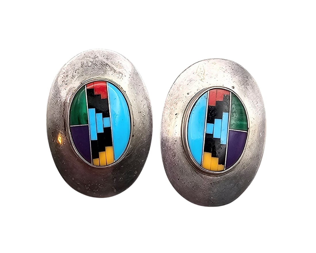 Navajo Turquoise Spiny Oyster Onyx Coral Malachite Sterling Silver Earrings 8.9 G (1 of 4)