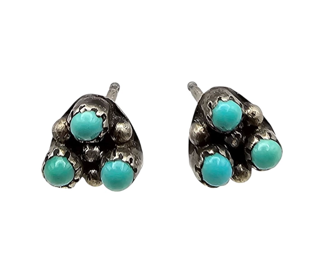 Zuni Turquoise Sterling Silver Snake Eye Earrings 0.9 G (1 of 4)