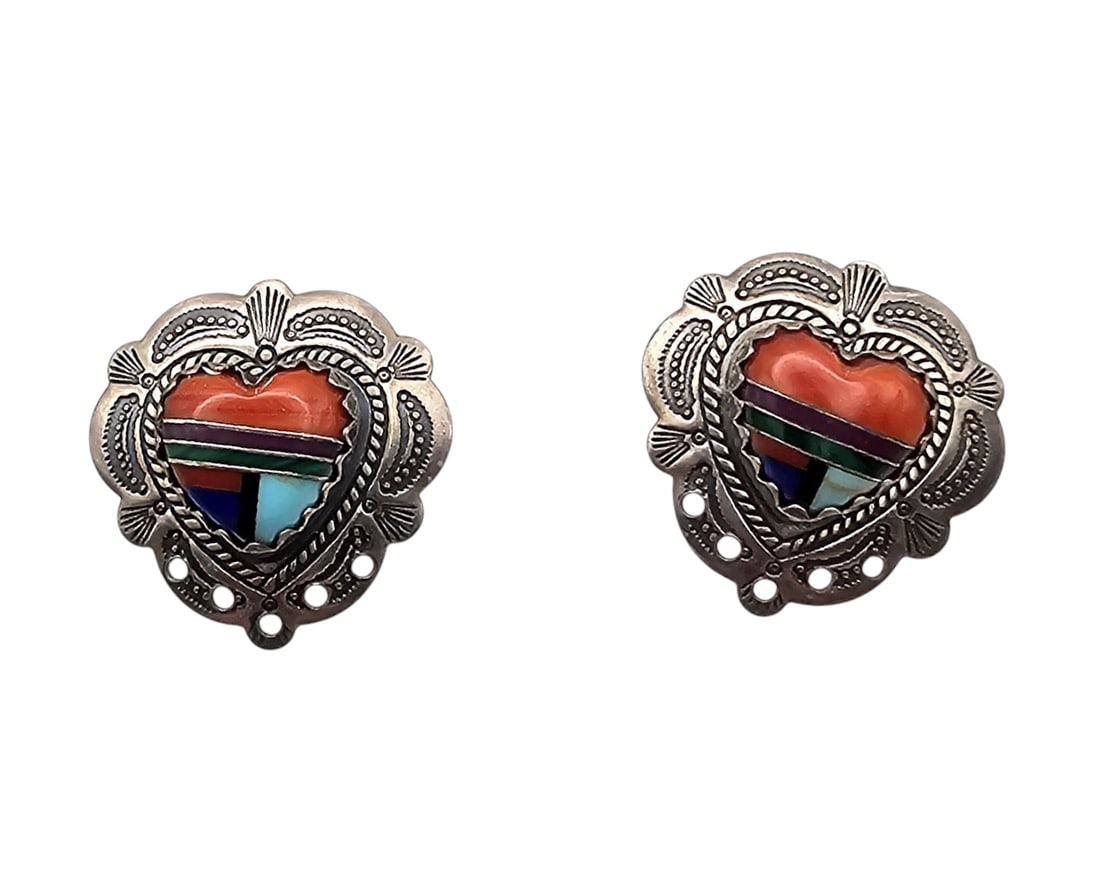 Quoc Trading Turquoise Lapis Coral Onyx Malachite Sterling Silver Heart Earrings 3 G (1 of 4)