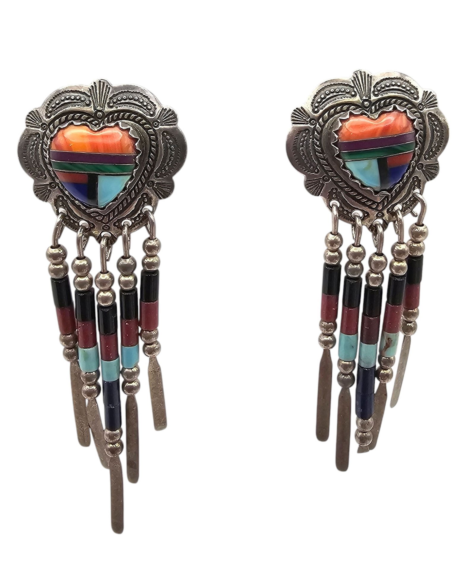 Quoc Trading Lapis Turquoise Coral Onyx Sterling Silver Heart Fringe Drop Dangle Earrings 5.5 G (1 of 4)